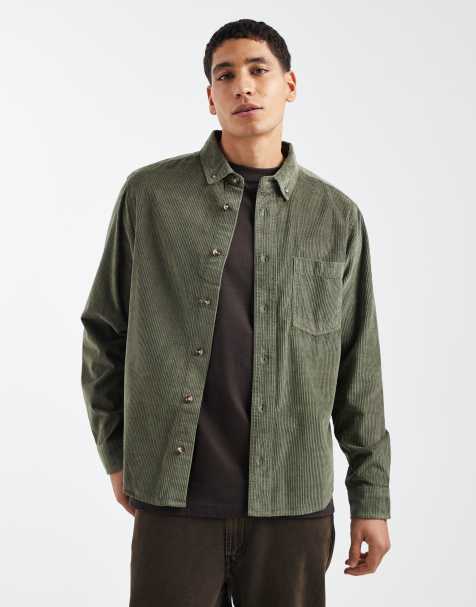 ASOS DESIGN regular fit cord shirt in dark green