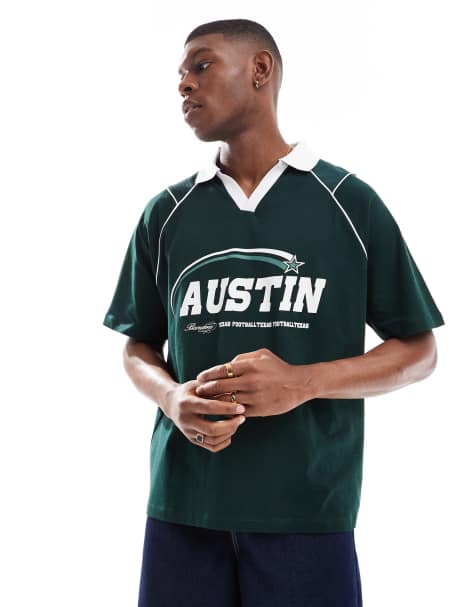 ASOS DESIGN oversized polo with sports graphics and airtex panelling in dark green