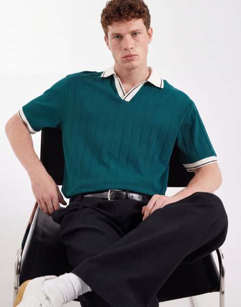 ASOS DESIGN – Ciemnozielona koszulka polo o luźnym kroju w szerokie prążki z kontrastowym kołnierzykiem - view 1