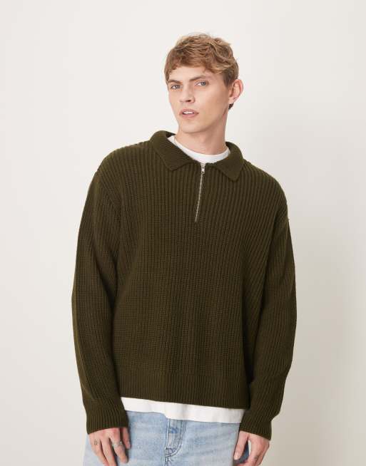 ASOS DESIGN – Ciemnozielona koszulka polo o pudełkowym kroju oversize z prążkowanej dzianiny z suwakiem pod szyją