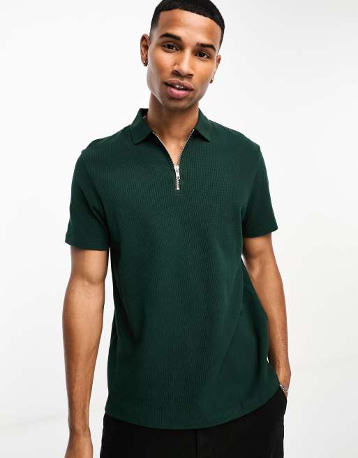 ASOS DESIGN – Ciemnozielona koszulka polo o waflowej fakturze z zamkiem pod szyją