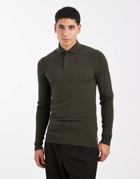ASOS DESIGN muscle fit knitted textured polo in dark green