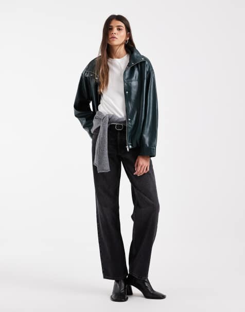 ASOS DESIGN – Ciemnozielona kurtka bomberka z wysokim kołnierzem z imitacji skóry - view 1