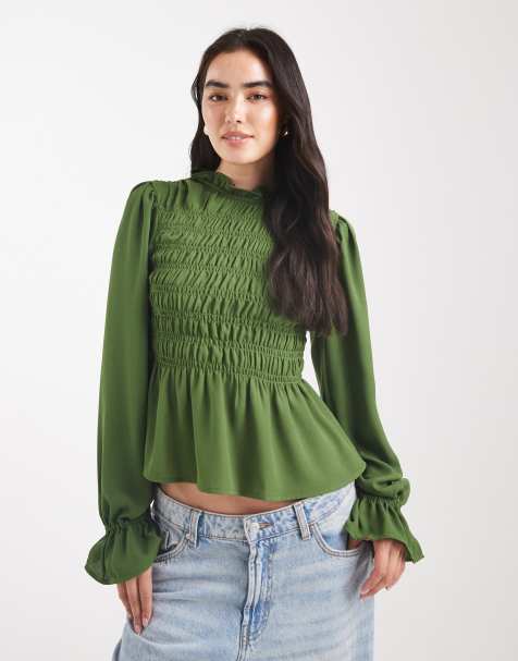 ASOS DESIGN – Ciemnozielona luźna bluzka z zabudowanym dekoltem i długimi rękawami - view 1