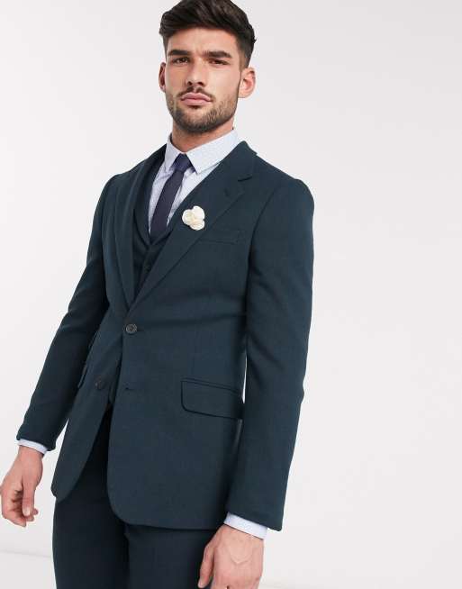 ASOS DESIGN – Ciemnozielona marynarka garniturowa z kolekcji ślubnej o bardzo ocbsiłym kroju z diagonalu z domieszką wełny