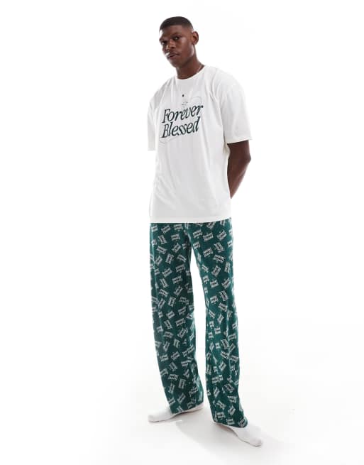 ASOS DESIGN – Ciemnozielona piżama z grafiką z napisem „Forever Blessed“