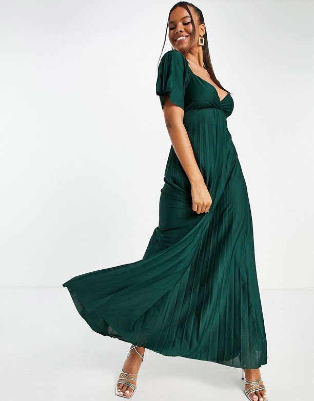 ASOS DESIGN – Ciemnozielona plisowana sukienka maxi ze skręconym tyłem i krÓtkimi rękawkami Ciemnozielony 2021 Unisex 