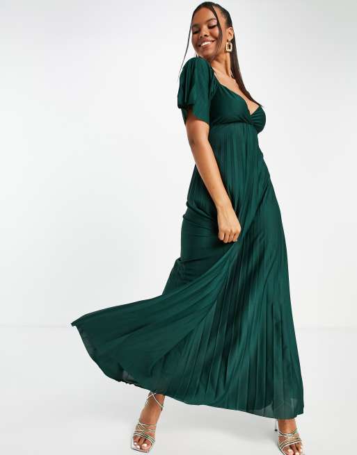 ASOS DESIGN – Ciemnozielona plisowana sukienka maxi ze skręconym tyłem i krótkimi rękawkami