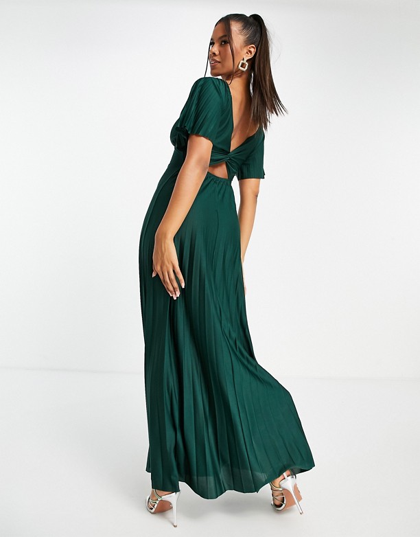 ASOS DESIGN – Ciemnozielona plisowana sukienka maxi ze skręconym tyłem i krÓtkimi rękawkami Ciemnozielony 2021 Unisex 