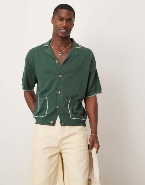 ASOS DESIGN relaxed boxy fit knitted button through polo with blanket stitch in dark green