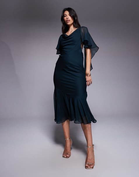 ASOS DESIGN – Ciemnozielona sukienka maxi z drapowanym dekoltem i falbanką na dole - view 1