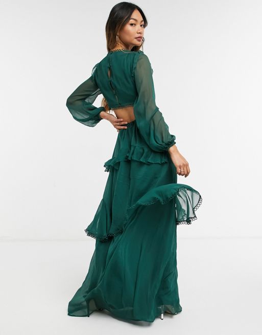 ASOS DESIGN – Ciemnozielona sukienka maxi z długim rękawem i ozdobną  lamówką w kółeczka | ASOS