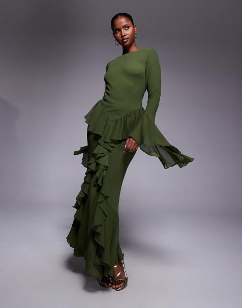 ASOS DESIGN – Ciemnozielona sukienka maxi z długimi rękawami i falbankami - view 1