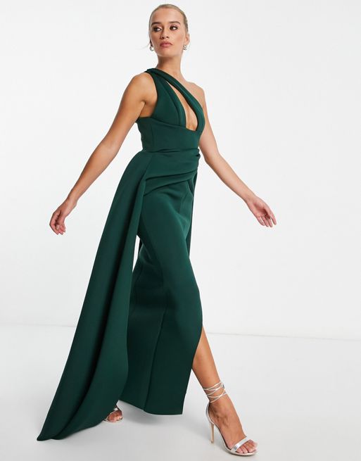 ASOS DESIGN – Ciemnozielona sukienka maxi z wycięciem i asymetrycznym  dekoltem | ASOS