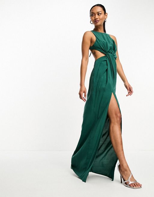 ASOS DESIGN – Ciemnozielona sukienka maxi z wycięciem z tyłu i ozdobnym  skręceniem z boku | ASOS