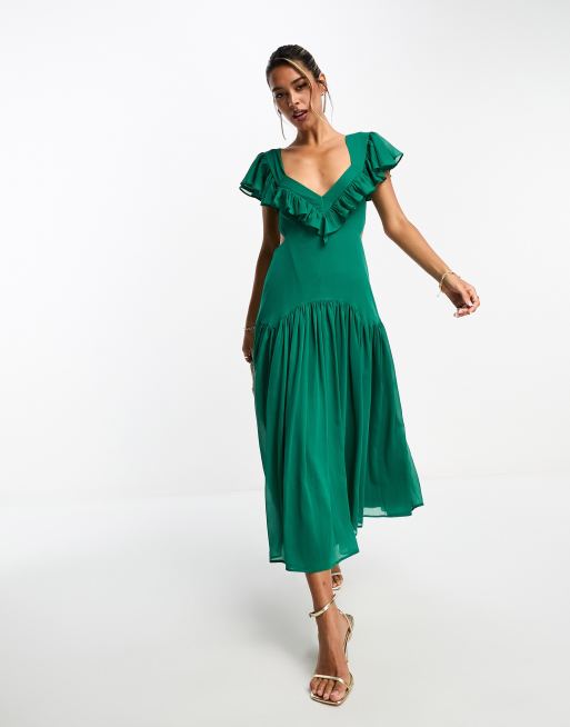 ASOS DESIGN – Ciemnozielona sukienka midi z odkrytymi plecami, rozszerzanymi rękawami i falbankami