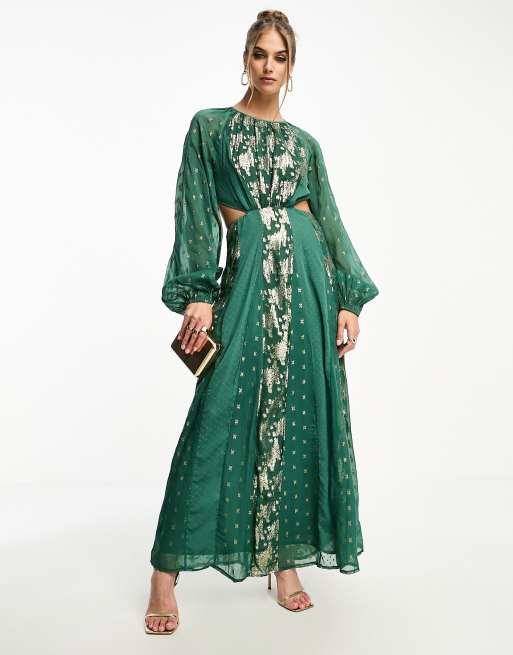 ASOS DESIGN – Ciemnozielona sukienka midi z żakardowym metalicznym wzorem i elastycznym tyłem