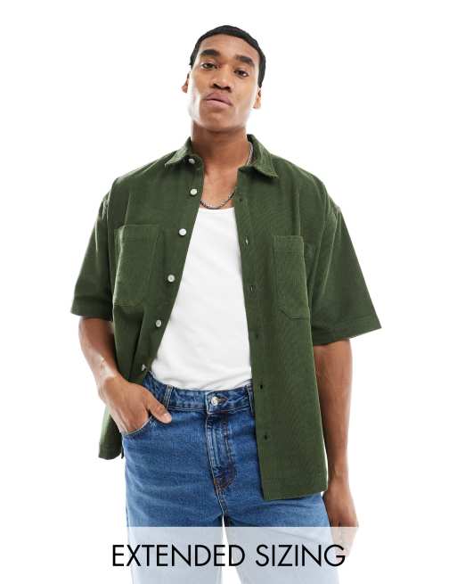ASOS DESIGN – Ciemnozielona sztruksowa koszula oversize z krótkimi rękawami w stylu lat 90.