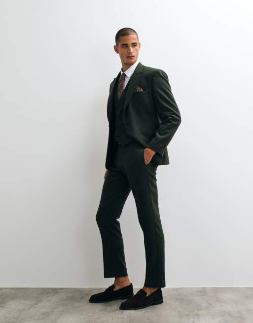ASOS DESIGN – Ciemnozielony, dopasowany garnitur w jodełkę, z wełną, 3 z 4