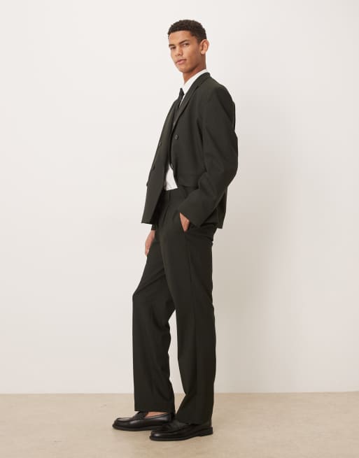 ASOS DESIGN – Ciemnozielone spodnie garniturowe z prostymi nogawkami, w prążki, 3 z 5