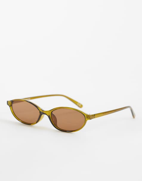 ASOS DESIGN – Ciemnozielone wąskie owalne okulary przeciwsłoneczne z pomarańczowymi szkłami - view 1