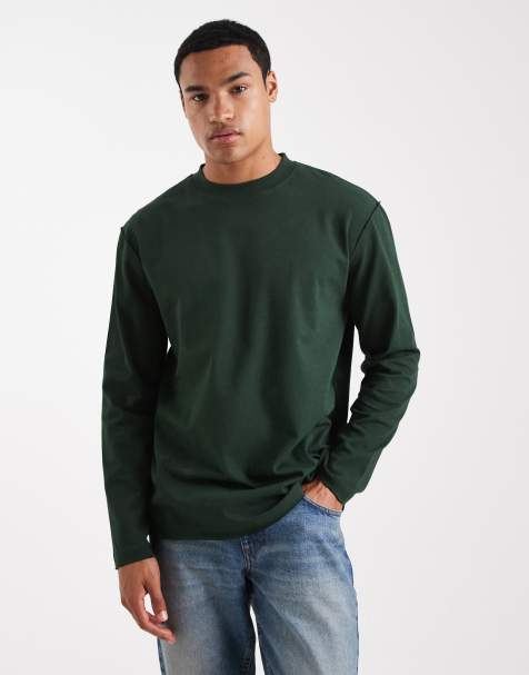 ASOS DESIGN – Ciemnozielony gruby T-shirt o luźnym kroju z długimi rękawami i nieobszytym brzegiem - view 1
