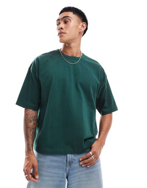 ASOS DESIGN – Ciemnozielony gruby T-shirt oversize o pudełkowym kroju i gramaturze 240 g/m² 