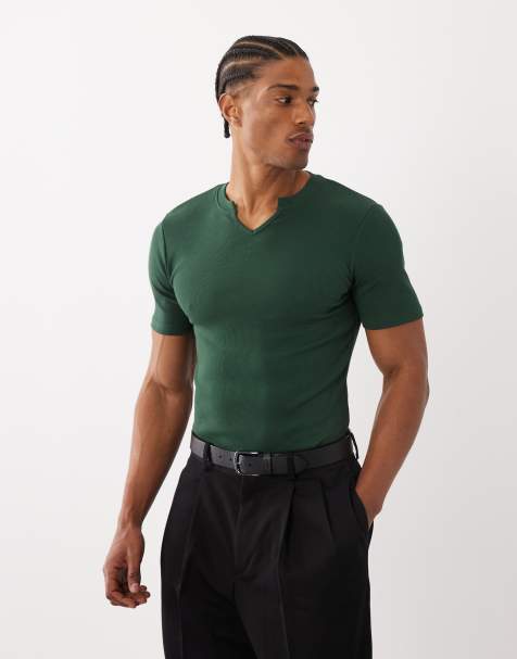 ASOS DESIGN muscle fit t-shirt with notch neck in dark green rib