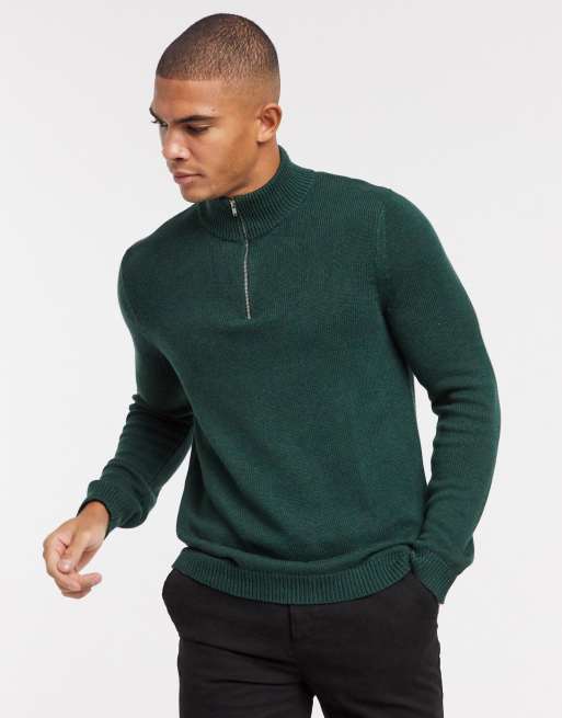 ASOS DESIGN – Ciemnozielony sweter z zamkiem pod szyją z bawełny o średniej gramaturze