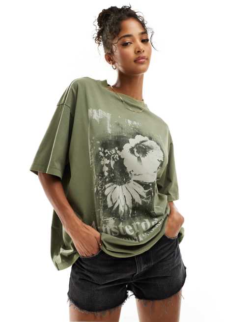 ASOS DESIGN – Ciemnozielony T-shirt o fasonie boyfriend z grafiką i napisem „Amsterdam”