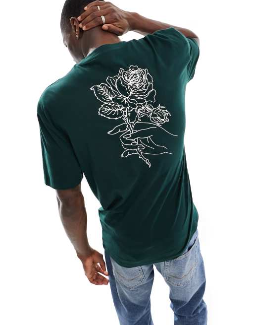 ASOS DESIGN – Ciemnozielony T-shirt o luźnym kroju z rysunkiem róży