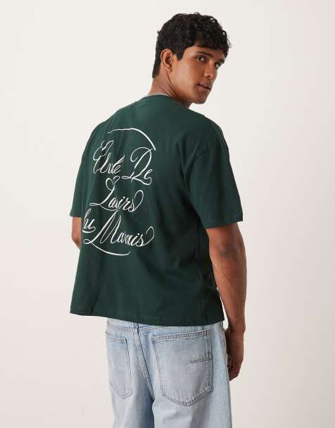 ASOS DESIGN boxy oversized t-shirt with text graphic in dark green