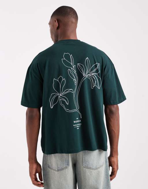 ASOS DESIGN – Ciemnozielony T-shirt oversize o pudełkowym kroju z kwiatowym motywem na plecach