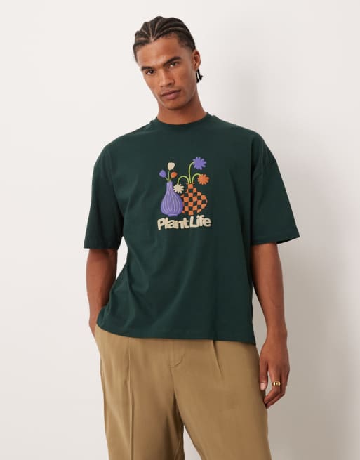 ASOS DESIGN – Ciemnozielony T-shirt oversize o pudełkowym kroju z wypukłą kwiatową grafiką