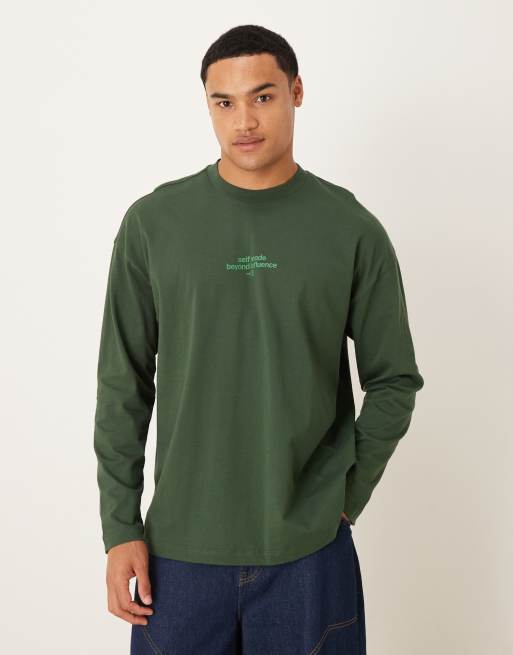 ASOS DESIGN – Ciemnozielony T-shirt oversize z długimi rękawami i napisem, 3 z 5