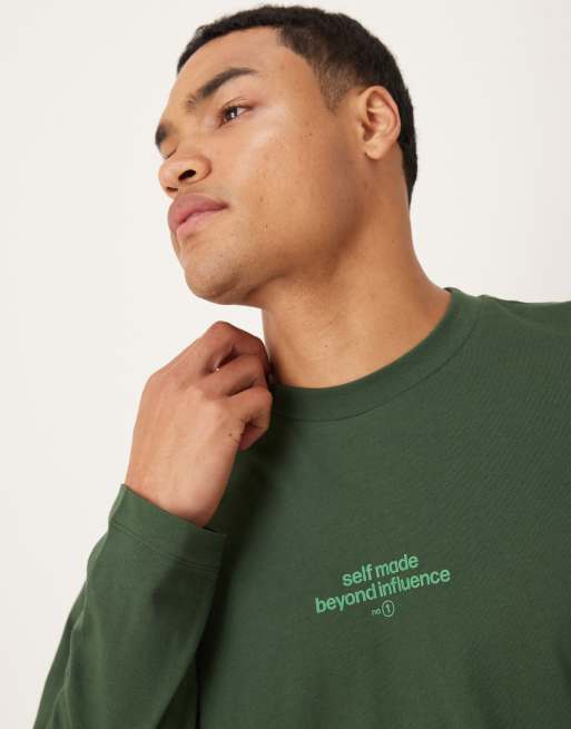 ASOS DESIGN – Ciemnozielony T-shirt oversize z długimi rękawami i napisem, 5 z 5
