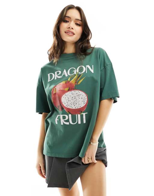 ASOS DESIGN – Ciemnozielony T-shirt oversize z grafiką smoczego owocu