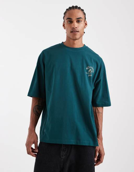ASOS DESIGN – Ciemnozielony T-shirt oversize z nadrukiem na plecach, 3 z 5