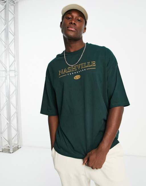 ASOS DESIGN – Ciemnozielony T-shirt oversize z nadrukiem „Nashville”
