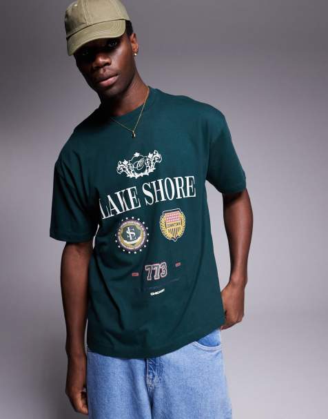 ASOS DESIGN oversized t-shirt with varsity graphics in dark green