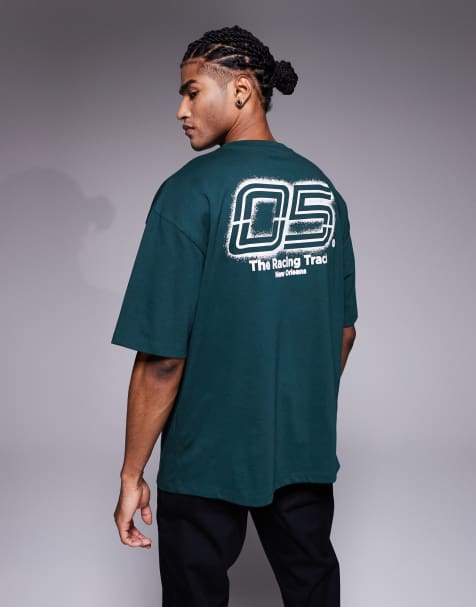 ASOS DESIGN oversized t-shirt with sports graphic in dark green