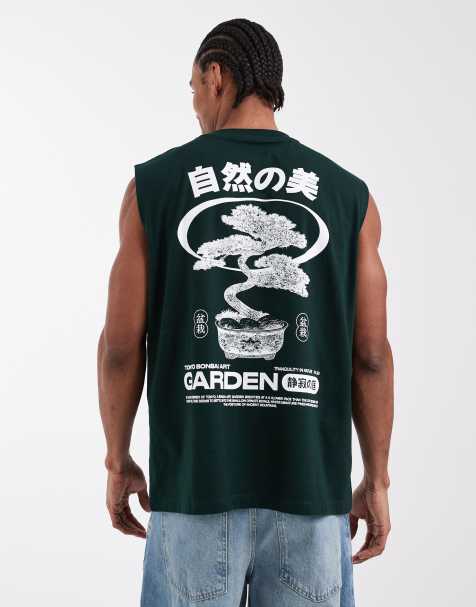 ASOS DESIGN – Ciemnozielony top oversize bez rękawów z grafiką bonsai - view 1