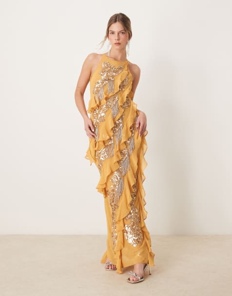ASOS DESIGN racer neck embellished ruffle maxi dress in marigold