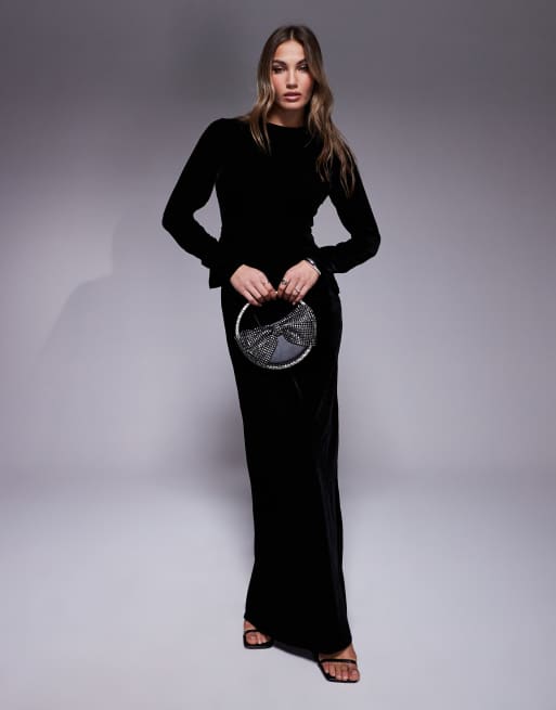 ASOS DESIGN – Cięta ze skosu czarna satynowa sukienka maxi z długim rękawem i zaszewkami