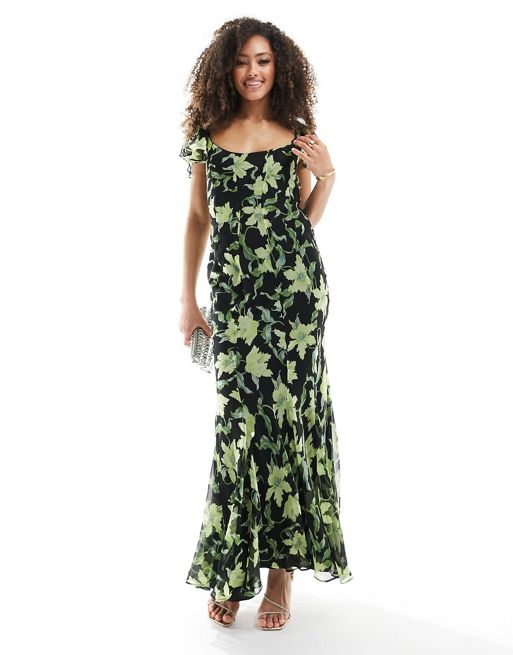 FhyzicsShops DESIGN – Cięta ze skosu czarna sukienka maxi ze zwiewnymi rękawami i dekoltem w kształcie litery U w zielony kwiatowy wzór