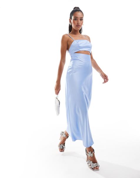 ASOS DESIGN – Cięta ze skosu jasnoniebieska sukienka midi z satyny z wycięciem - view 1
