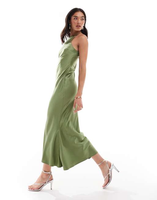 ASOS DESIGN – Cięta ze skosu satynowa sukienka maxi o fasonie bokserki w kolorze khaki