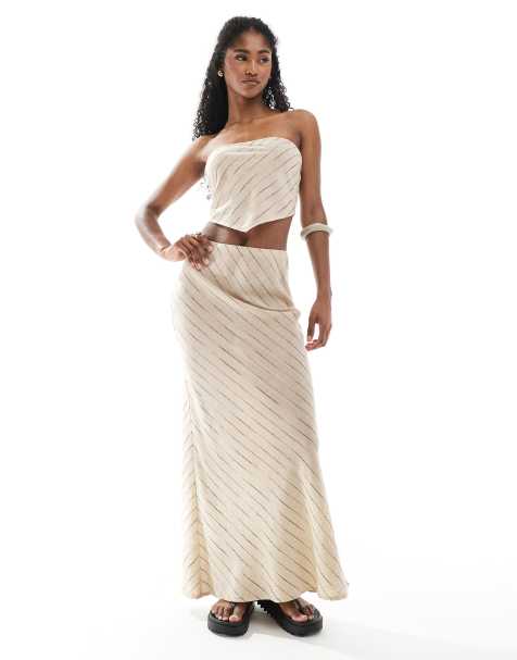 ASOS DESIGN – Cięta ze skosu spódnica maxi o lnianym wyglądzie w paski w naturalnym kolorze, część zestawu - view 1