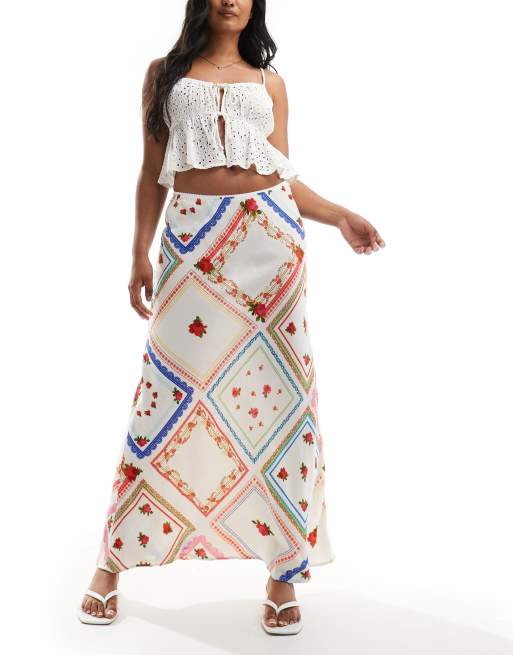 ASOS DESIGN – Cięta ze skosu spódnica maxi o lnianym wyglądzie w piknikowy wzór, część zestawu