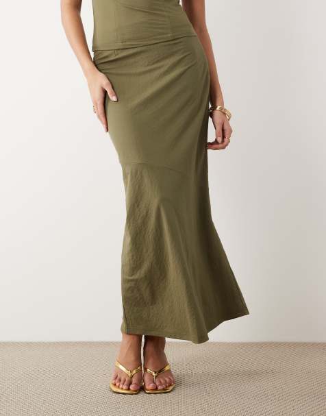 ASOS DESIGN – Cięta ze skosu spódnica maxi z imitacji lnu w kolorze zielonego khaki, część zestawu - view 1
